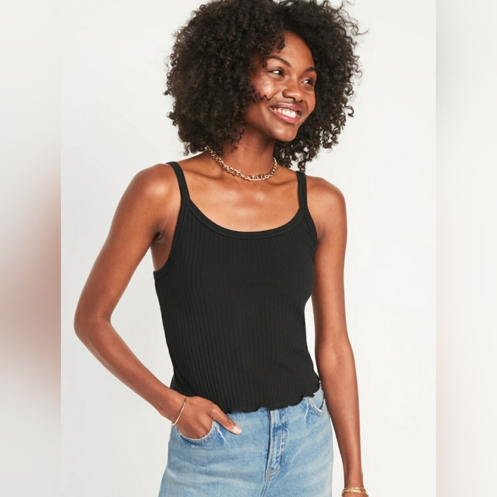 OLD NAVY WOMEN'S BLACK FITTED CROPPED LETTUCE-EDGE RIB-KNIT TANK TOP SIZE MEDIUM
